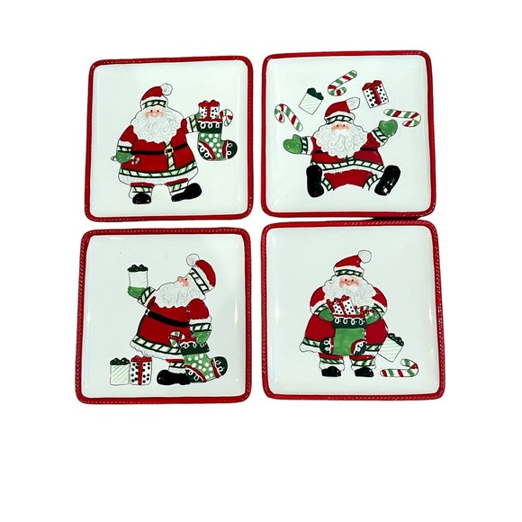 Fitz & Floyd Snack Plate Set (4) Stocking Stuffers Christmas Santa 6.5" - Picture 1 of 6